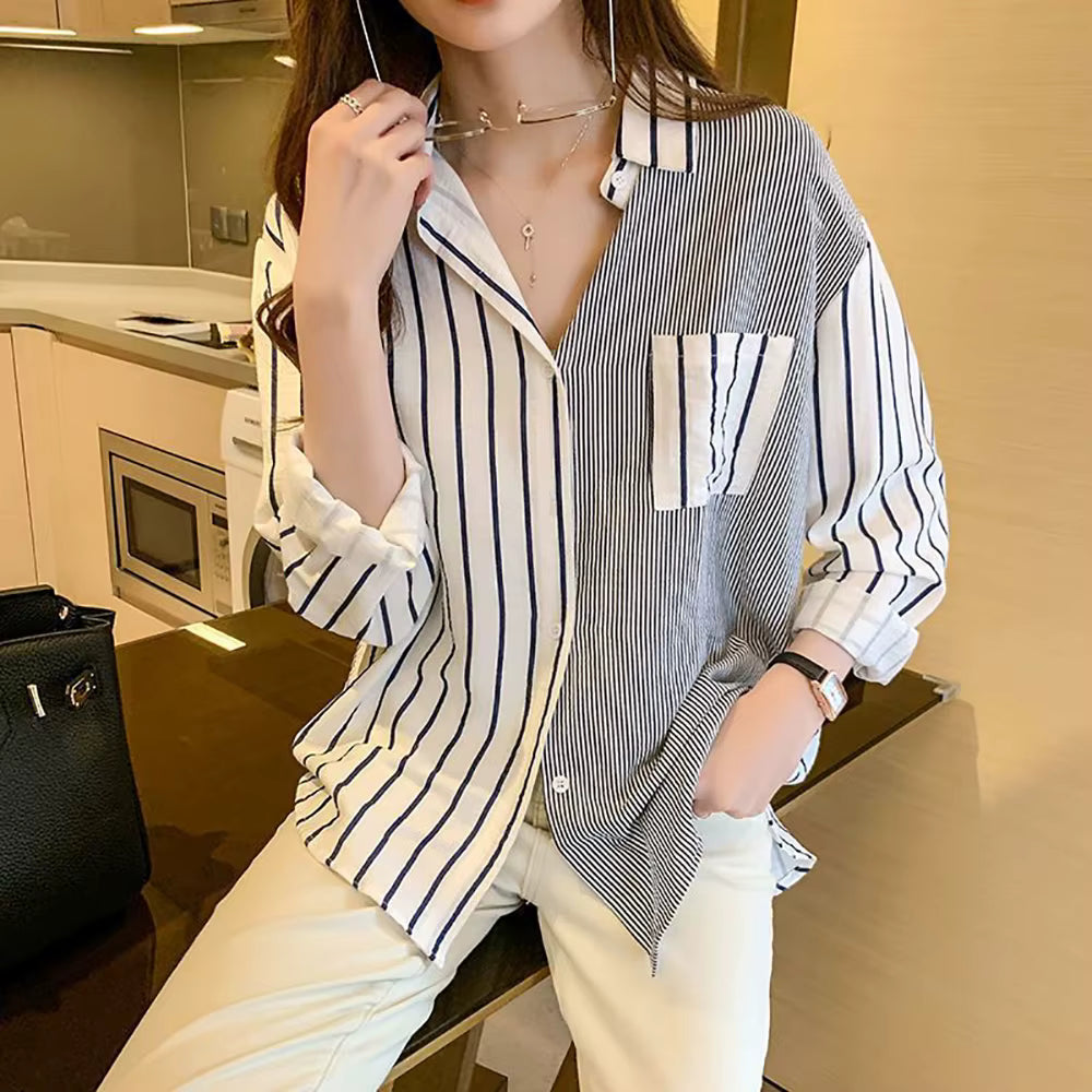 Casual Single Breasted Striped Patchwork With Pocket Loose Shirt Mssza