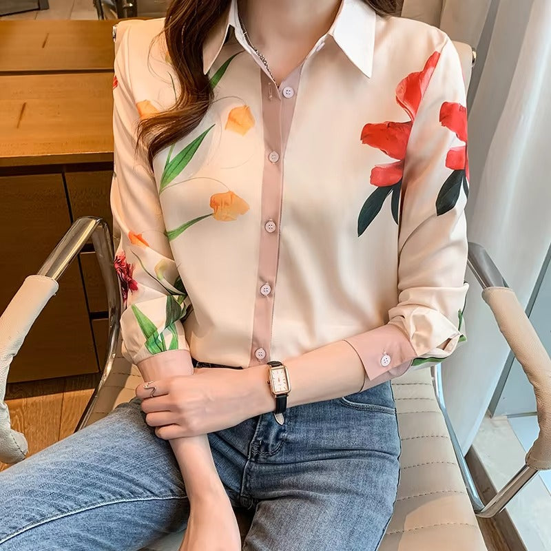 Casual Single Breasted Turn-down Collar Flower Shirts Mssza