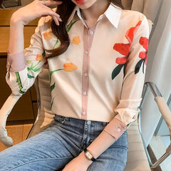 Casual Single Breasted Turn-down Collar Flower Shirts Mssza