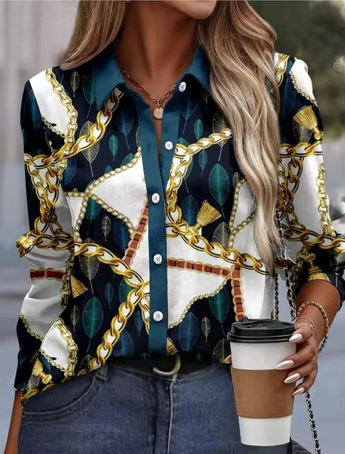 Casual Single Breasted Turn-down Collar Loose Printed Shirt Mssza