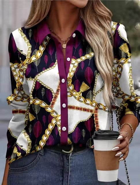 Casual Single Breasted Turn-down Collar Loose Printed Shirt Mssza