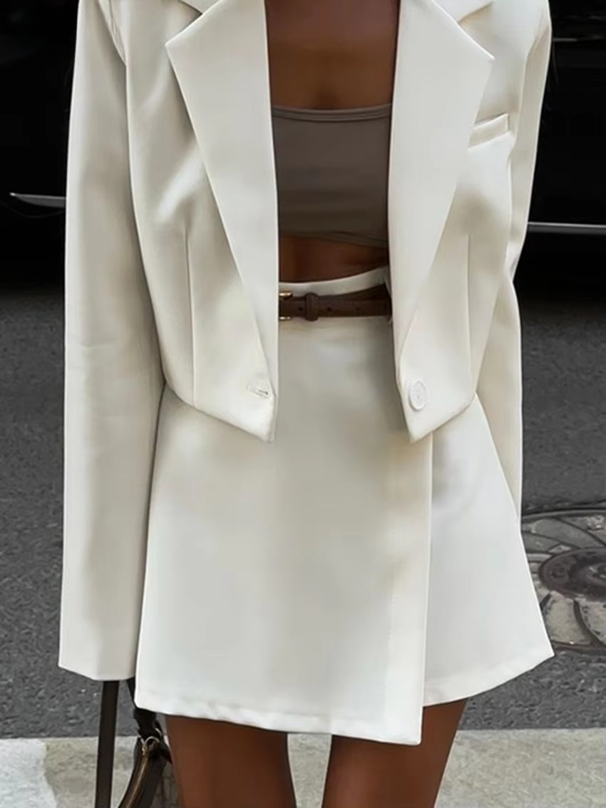 Casual Single Button Loose Office Crop Shirt And Skirts 2 Pieces Set Mssza