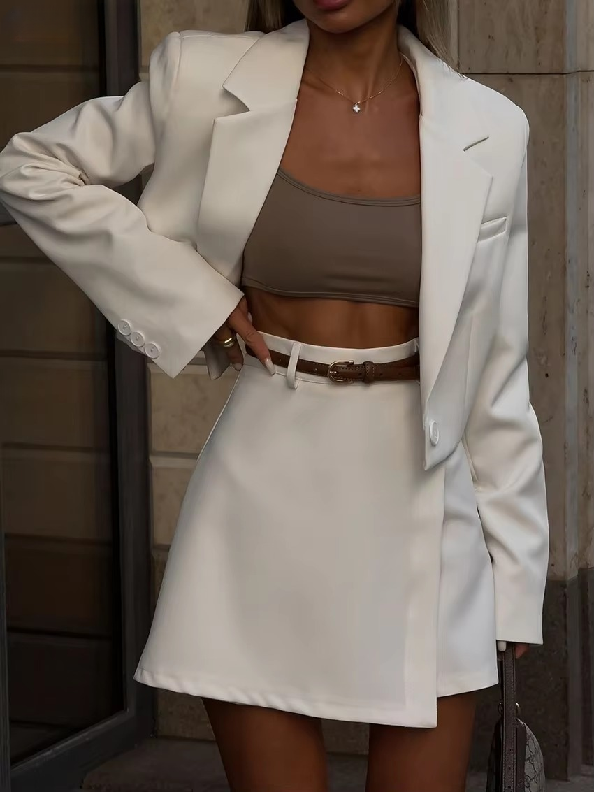 Casual Single Button Loose Office Crop Shirt And Skirts 2 Pieces Set Mssza