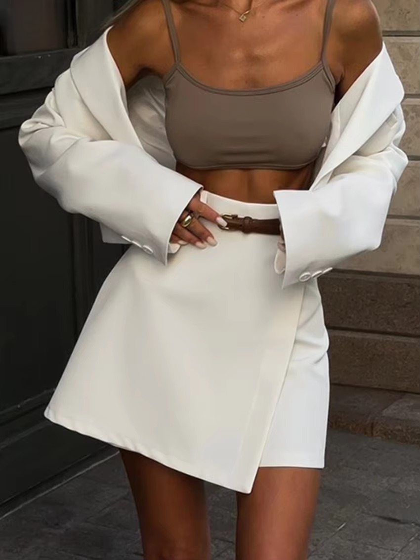 Casual Single Button Loose Office Crop Shirt And Skirts 2 Pieces Set Mssza
