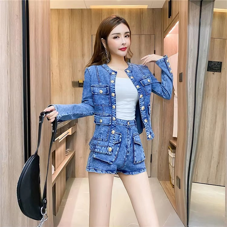 Casual Single-breasted Denim Short Jacket High Waist Jeans Shorts Two-piece Set Mssza