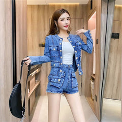 Casual Single-breasted Denim Short Jacket High Waist Jeans Shorts Two-piece Set Mssza