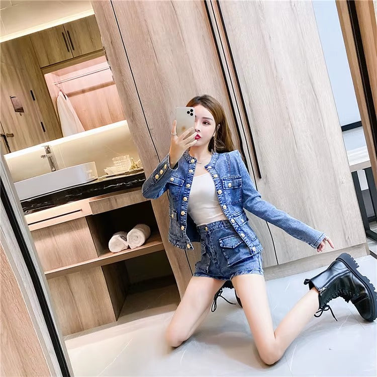 Casual Single-breasted Denim Short Jacket High Waist Jeans Shorts Two-piece Set Mssza