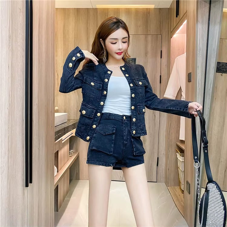 Casual Single-breasted Denim Short Jacket High Waist Jeans Shorts Two-piece Set Mssza