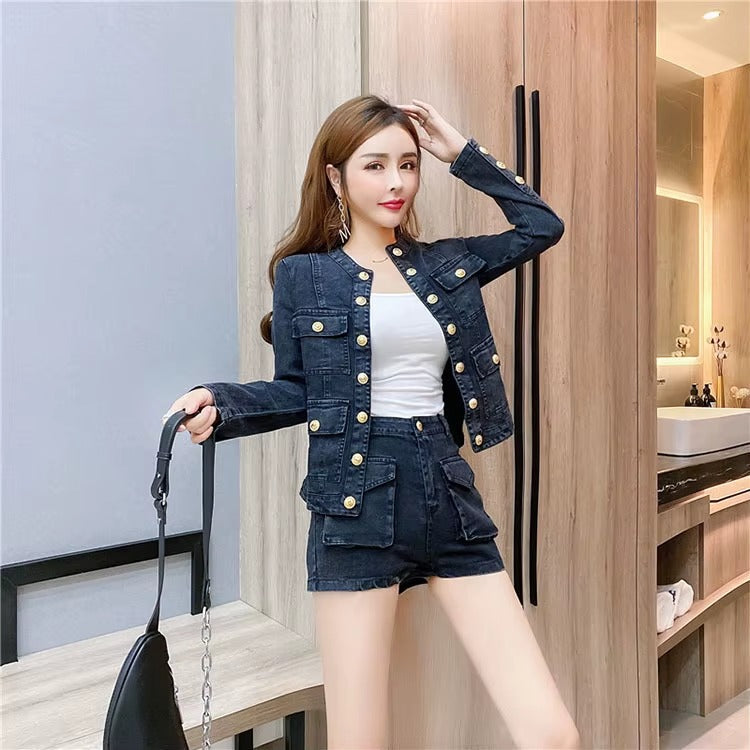 Casual Single-breasted Denim Short Jacket High Waist Jeans Shorts Two-piece Set Mssza
