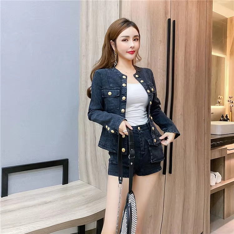 Casual Single-breasted Denim Short Jacket High Waist Jeans Shorts Two-piece Set Mssza