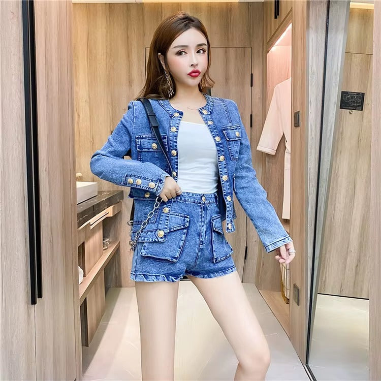 Casual Single-breasted Denim Short Jacket High Waist Jeans Shorts Two-piece Set Mssza