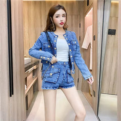 Casual Single-breasted Denim Short Jacket High Waist Jeans Shorts Two-piece Set Mssza