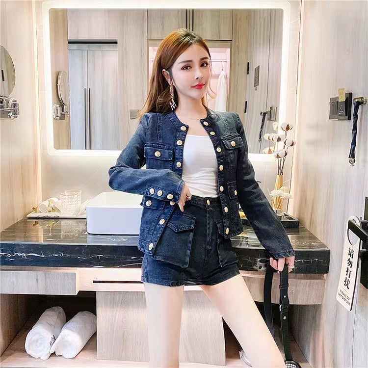 Casual Single-breasted Denim Short Jacket High Waist Jeans Shorts Two-piece Set Mssza