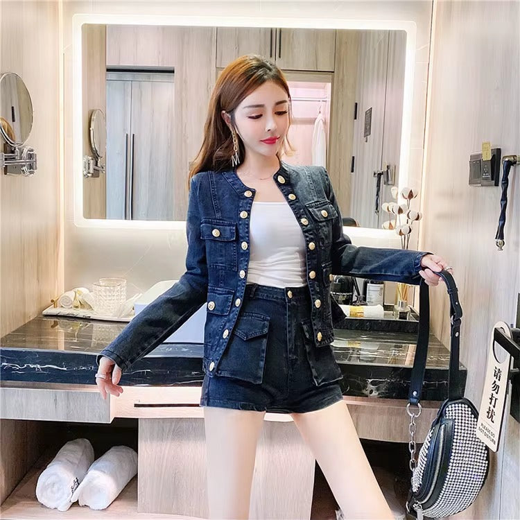 Casual Single-breasted Denim Short Jacket High Waist Jeans Shorts Two-piece Set Mssza