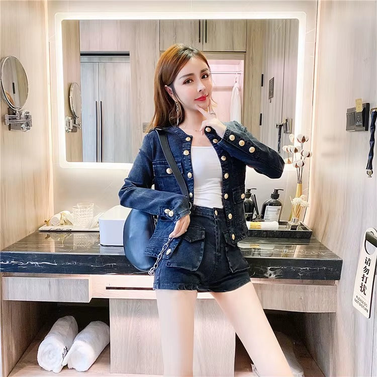 Casual Single-breasted Denim Short Jacket High Waist Jeans Shorts Two-piece Set Mssza