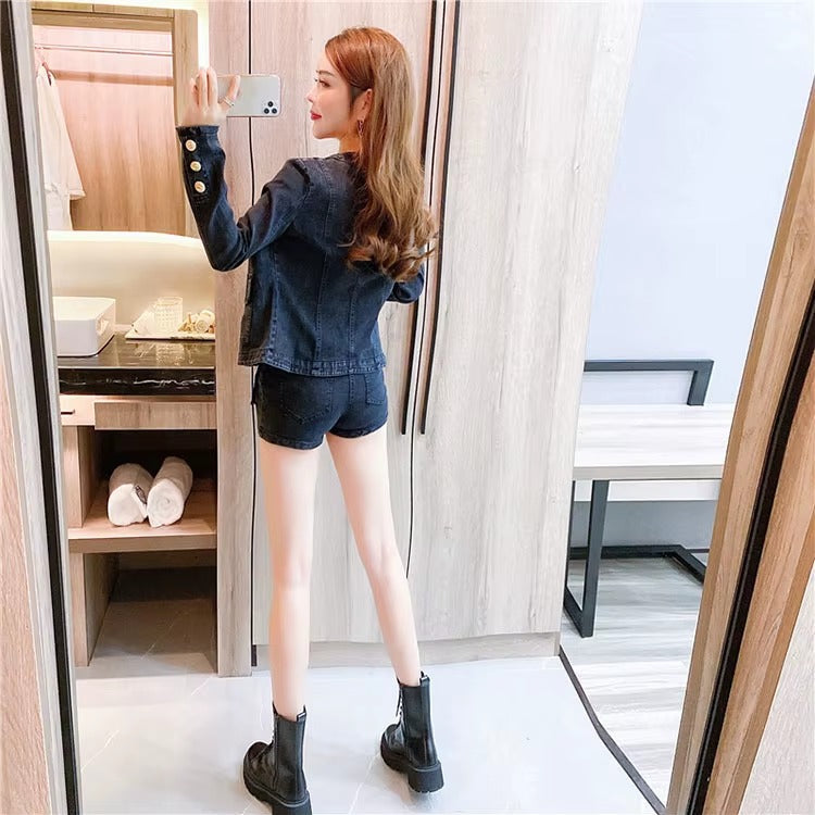 Casual Single-breasted Denim Short Jacket High Waist Jeans Shorts Two-piece Set Mssza