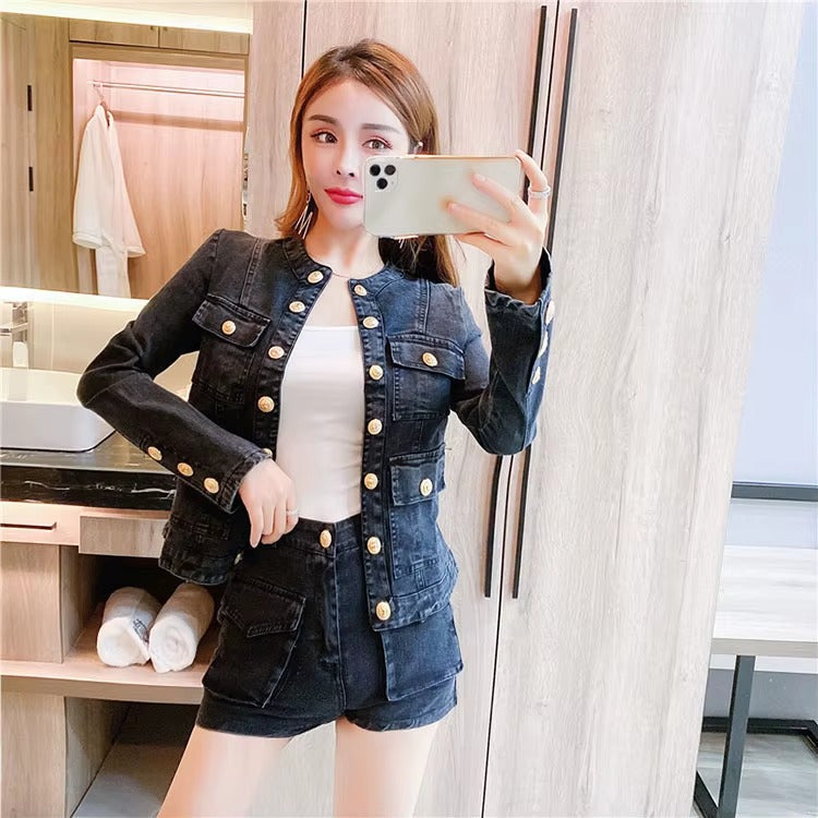 Casual Single-breasted Denim Short Jacket High Waist Jeans Shorts Two-piece Set Mssza