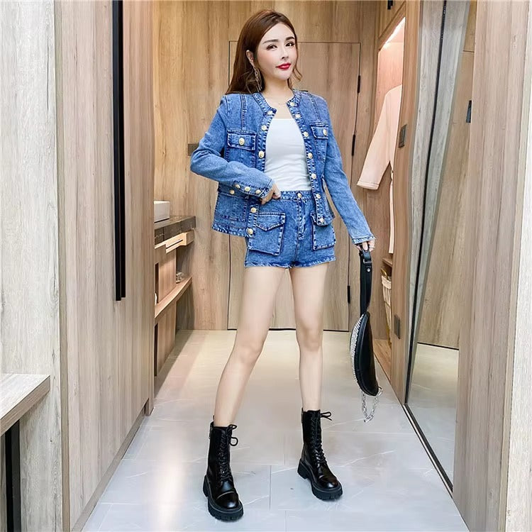 Casual Single-breasted Denim Short Jacket High Waist Jeans Shorts Two-piece Set Mssza