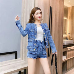 Casual Single-breasted Denim Short Jacket High Waist Jeans Shorts Two-piece Set Mssza