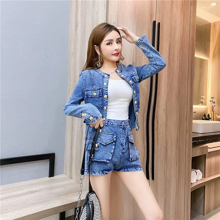 Casual Single-breasted Denim Short Jacket High Waist Jeans Shorts Two-piece Set Mssza