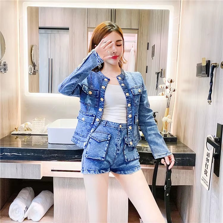 Casual Single-breasted Denim Short Jacket High Waist Jeans Shorts Two-piece Set Mssza