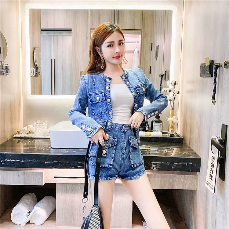 Casual Single-breasted Denim Short Jacket High Waist Jeans Shorts Two-piece Set Mssza