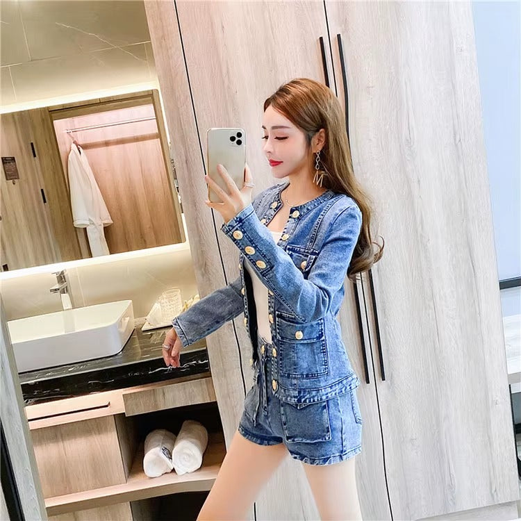 Casual Single-breasted Denim Short Jacket High Waist Jeans Shorts Two-piece Set Mssza