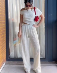 Casual Skew Collar Knitted Solid Top High Waist Full Length Pants 2 Piece Set Mssza