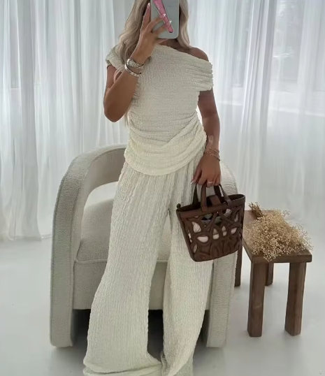 Casual Skew Collar Knitted Solid Top High Waist Full Length Pants 2 Piece Set Mssza