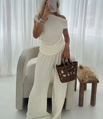 Casual Skew Collar Knitted Solid Top High Waist Full Length Pants 2 Piece Set Mssza