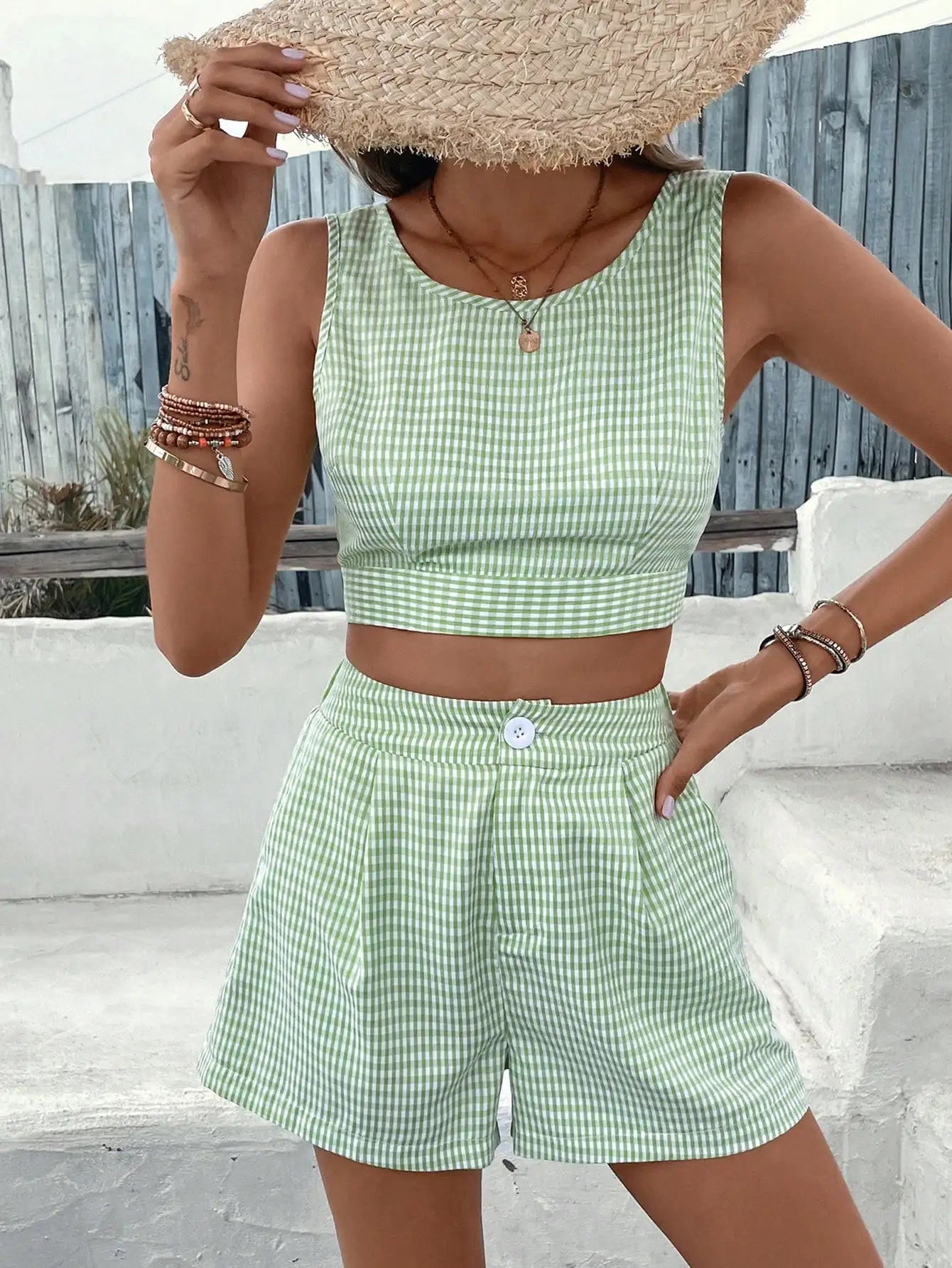 Casual Skinny Cross-Border Round-Neck Plaid Crop Top Mssza