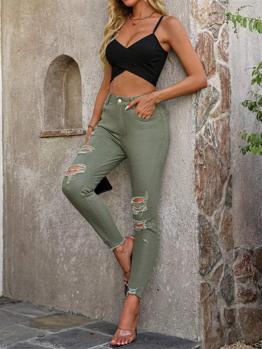 Casual Skinny High Elastic Streetwear Raw Hem Ripped Jeans Trousers Mssza