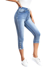 Casual Skinny High Stretch Elastic Waist Denim Pencil Calf-Length Jeans Mssza