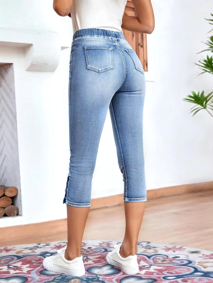 Casual Skinny High Stretch Elastic Waist Denim Pencil Calf-Length Jeans Mssza