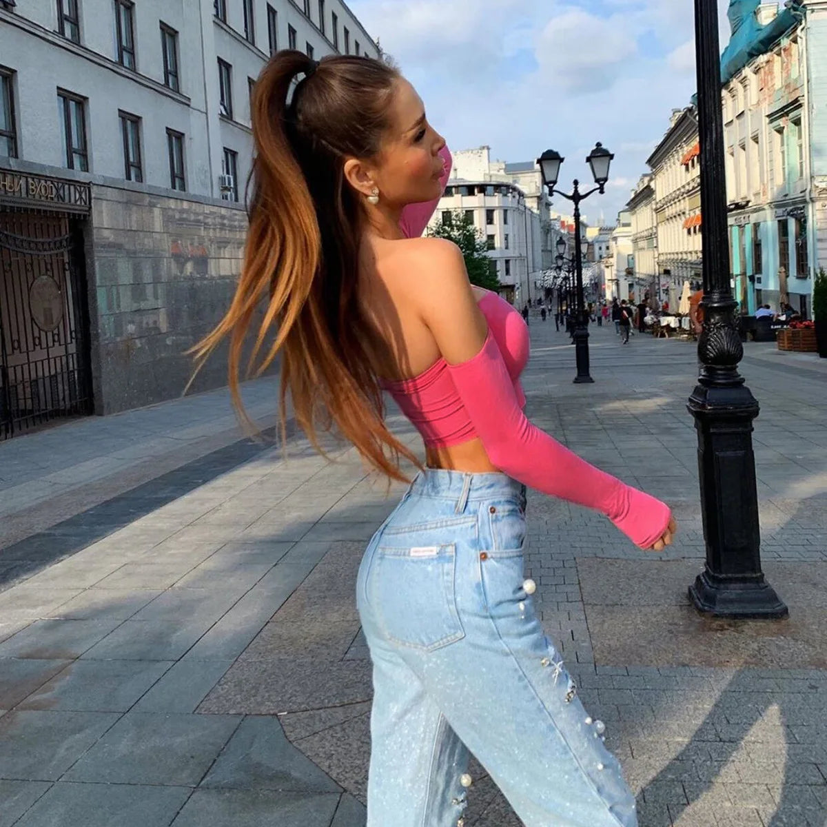 Casual Slash Neck Wrap Chest Long Sleeves Off Shoulder Short T Shirt Mssza