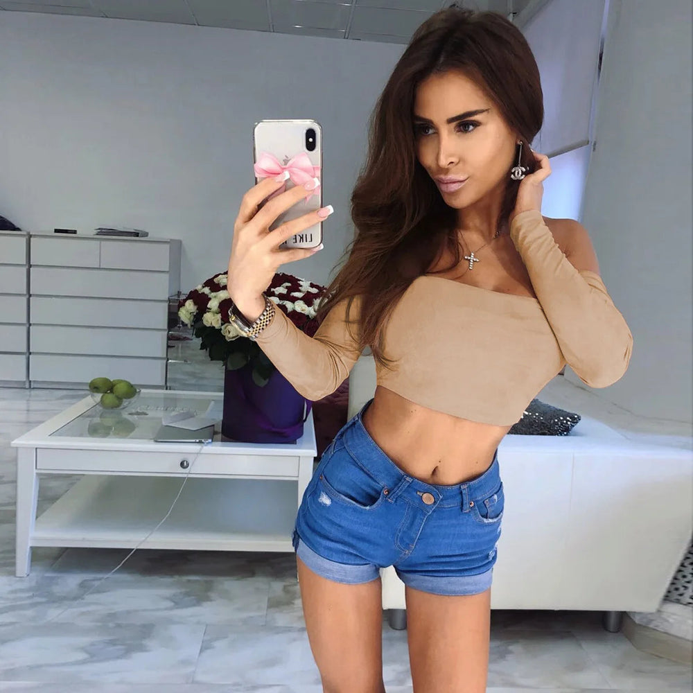 Casual Slash Neck Wrap Chest Long Sleeves Off Shoulder Short T Shirt Mssza