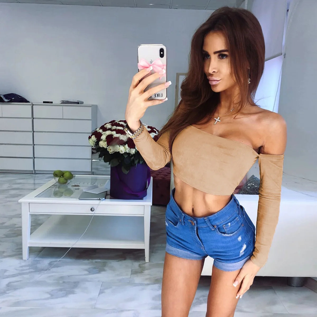 Casual Slash Neck Wrap Chest Long Sleeves Off Shoulder Short T Shirt Mssza