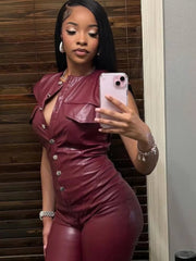 Casual Button Details Short Sleeve PU Leather High Street full length Jumpsuits Mssza