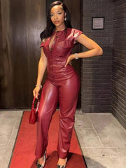 Casual Button Details Short Sleeve PU Leather High Street full length Jumpsuits Mssza