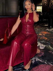 Casual Button Details Short Sleeve PU Leather High Street full length Jumpsuits Mssza