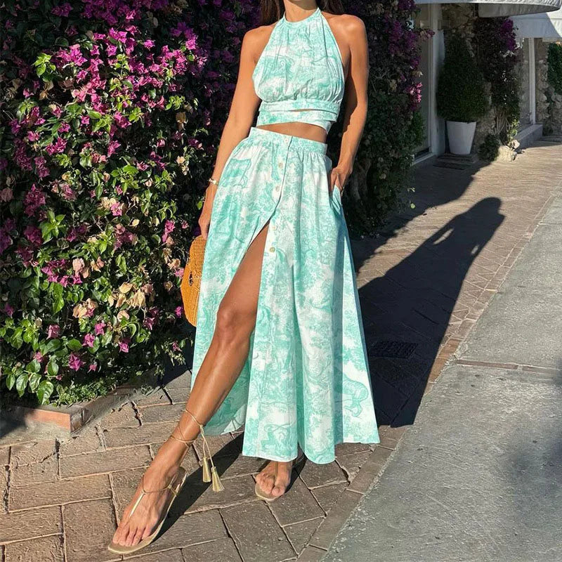 Casual Sleeveless Crop Tops And Button Slit Skirts Print 2 Piece Outfit Mssza