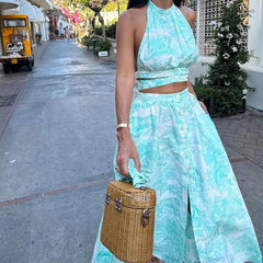 Casual Sleeveless Crop Tops And Button Slit Skirts Print 2 Piece Outfit Mssza