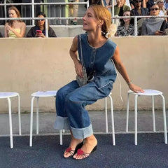 Casual Sleeveless O-neck Single Breasted High Waist Pocket Denim Vest Pants Set Mssza