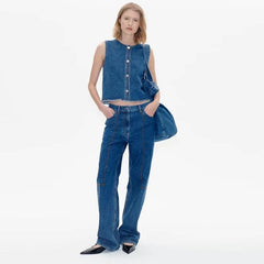 Casual Sleeveless O-neck Single Breasted High Waist Pocket Denim Vest Pants Set Mssza