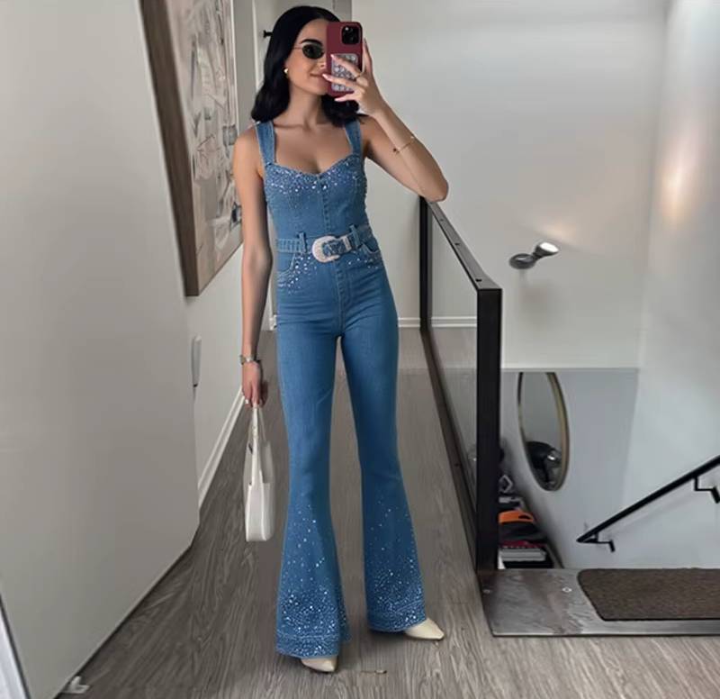 Casual Sleeveless Rhinestone Decoration Stretch Slimming Waist Jumpsuit Mssza