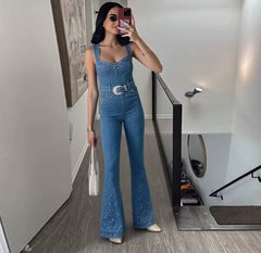 Casual Sleeveless Rhinestone Decoration Stretch Slimming Waist Jumpsuit Mssza