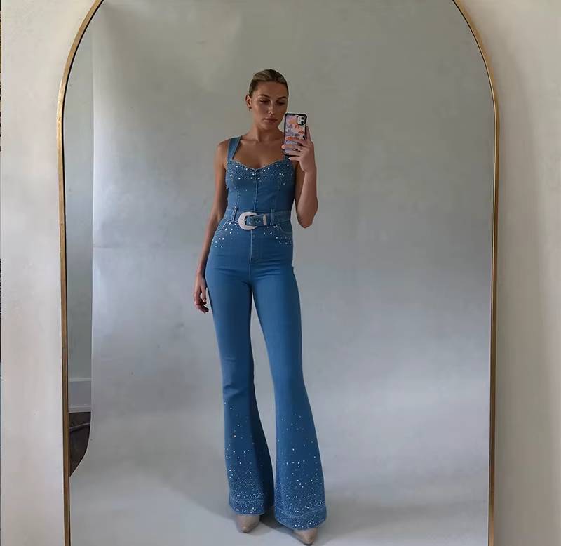 Casual Sleeveless Rhinestone Decoration Stretch Slimming Waist Jumpsuit Mssza