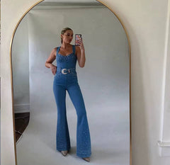 Casual Sleeveless Rhinestone Decoration Stretch Slimming Waist Jumpsuit Mssza