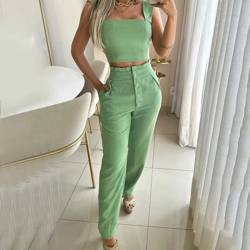 Casual Sleeveless Short Tops Solid Regular Straight Long Pants Tight High Waist Two Piece Pant Set Mssza