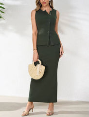 Casual Sleeveless Single-Breasted Tank Top And Pencil Long Skirt Two-Piece Set Mssza
